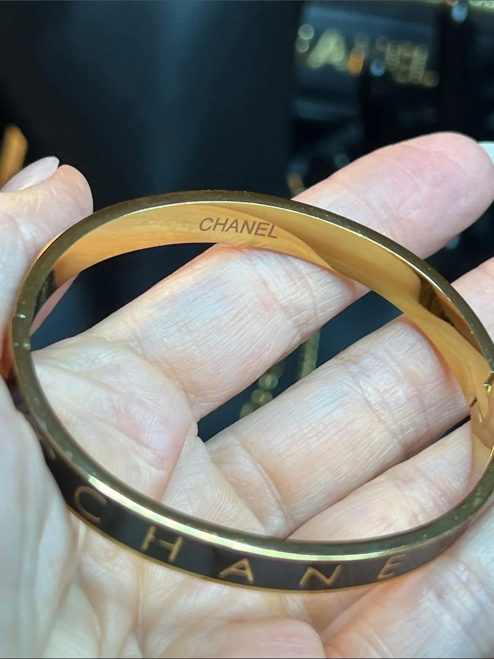 Black and Gold Enamel Logo Bangle Bracelet - Women's Watch Accessory